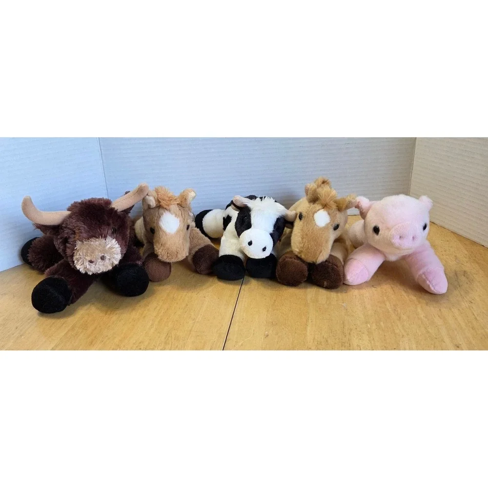 Aurora Lot 5 Mini Flopsie Farm Plush Stuffed Animals Longhorn Two Horse Cow Pig